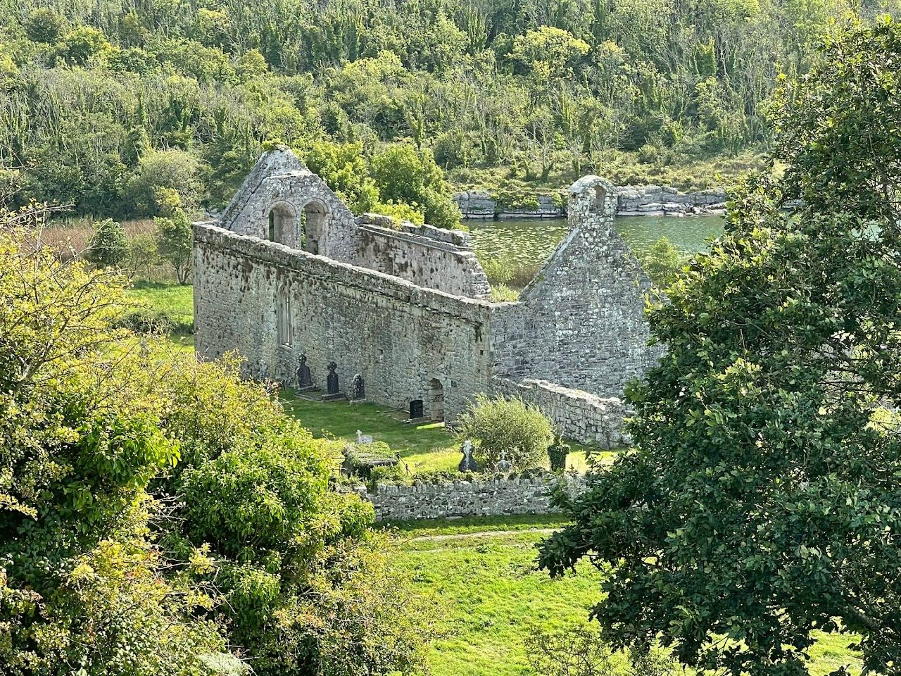 Killone Abbey above the lake