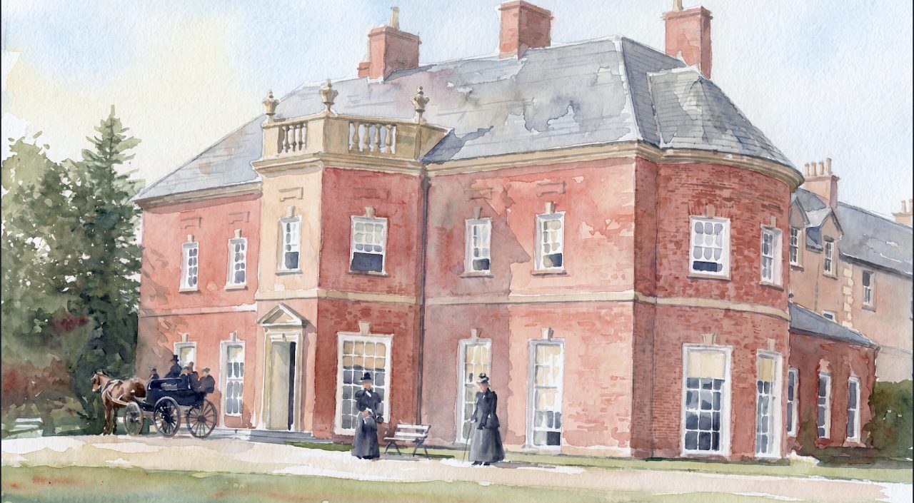 A watercolour of Newhall House with Victorian figures and a carriage at the door
